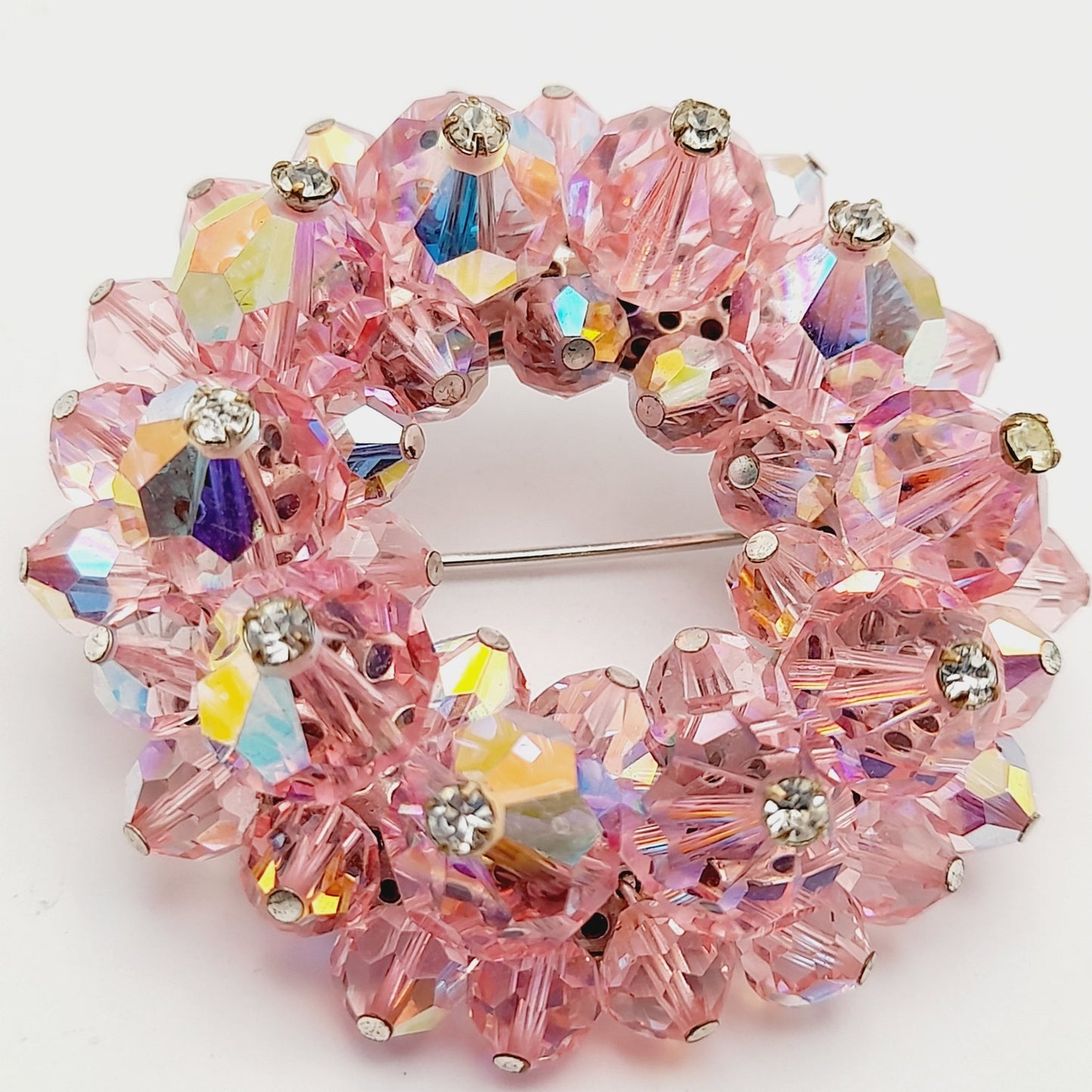 Vintage 1960s Pink Crystal Beaded Brooch Rhinestone Head Pin Accents