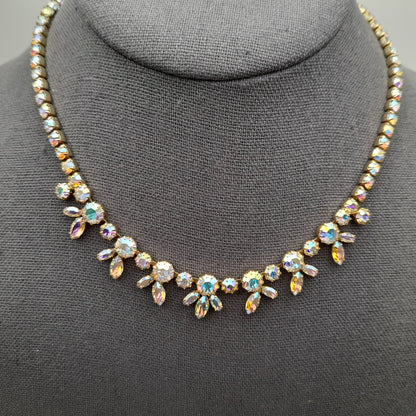 Vintage Sherman Aurora Borealis Rhinestone Gold Plated Choker Necklace, 1960s