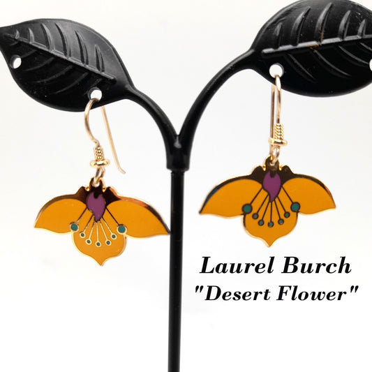 Laurel Burch "Desert Flower" Earrings, Golden Yellow Enamel, Gold Plated Cloisonne, 1980s Vintage Jewelry