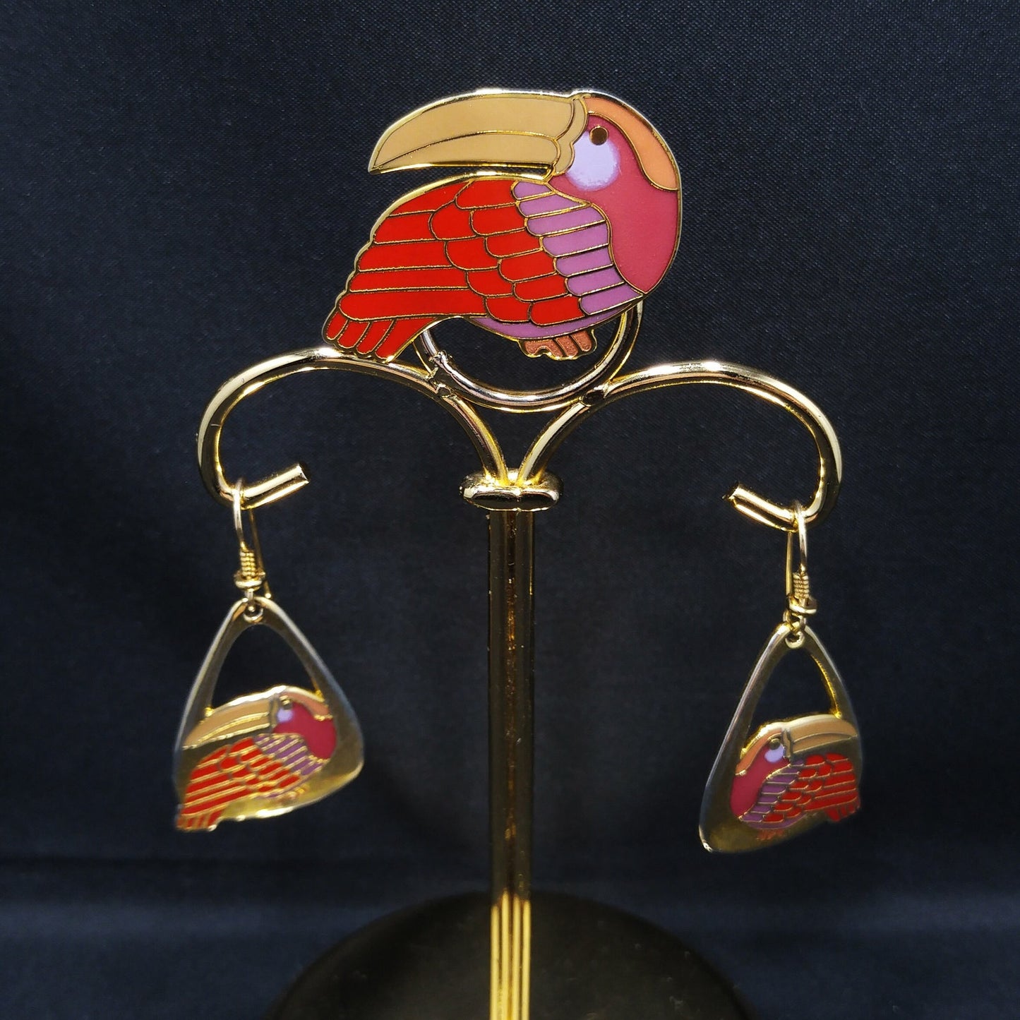 Vintage Laurel Burch Red Toucan Brooch Pendant & Earrings, Gold Plated, 1980s