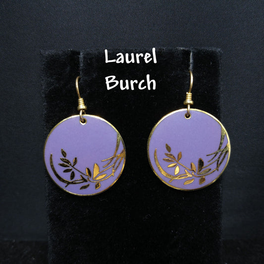 Vintage Laurel Burch Lavender Floral Earrings, Gold Plated Cloisonne