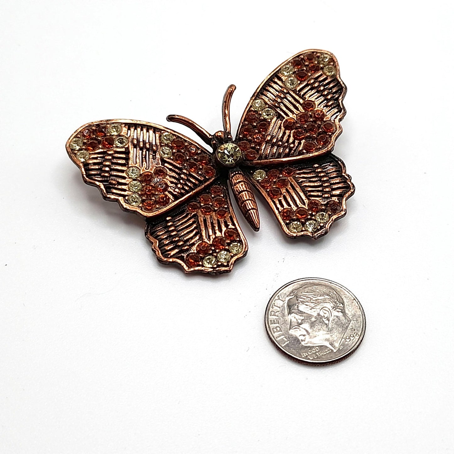 Vintage Weiss Butterfly Brooch, Copper Plated, Clear Orange Rhinestones, 1960s