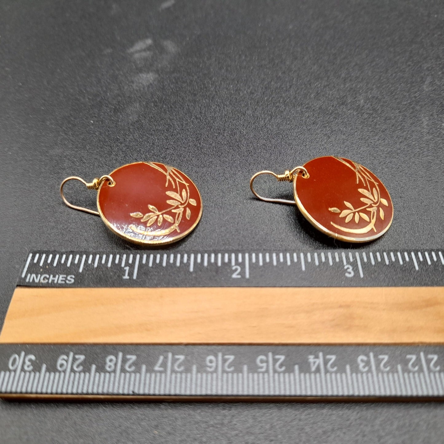 Vintage Laurel Burch Floral Drop Earrings, Red Brown Enamel, Gold Plated
