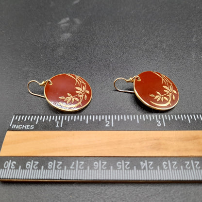 Vintage Laurel Burch Floral Drop Earrings, Red Brown Enamel, Gold Plated