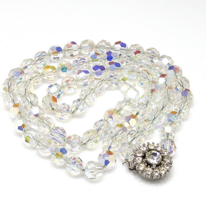 Bergere Aurora Borealis Crystal Long Necklace, Thread on Chain, Rhinestone Clasp, 1960s Vintage Jewelry