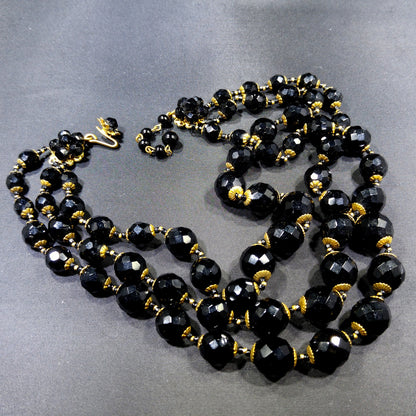 Miriam Haskell Black Beaded Necklace, Three Strands, 1960s Vintage Jewelry
