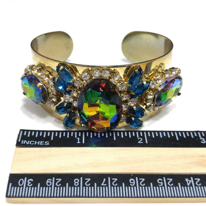 Brass Cuff Bracelet, Watermelon Crystal Rhinestones, Golden Brass, Clear & Sapphire Blue Rhinestones, Vintage Jewelry