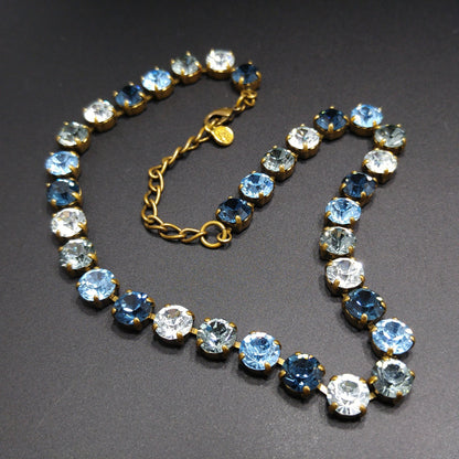 Vintage 1990s Germany Blue Crystal Rhinestone Necklace Gold Tone Choker