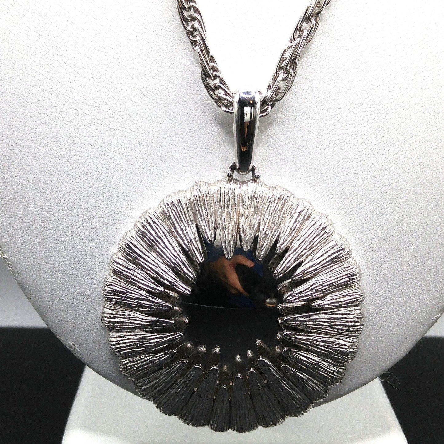 Monet Rhodium Plated Pendant Necklace, Fold Over Clasp, 1960s Vintage Jewelry
