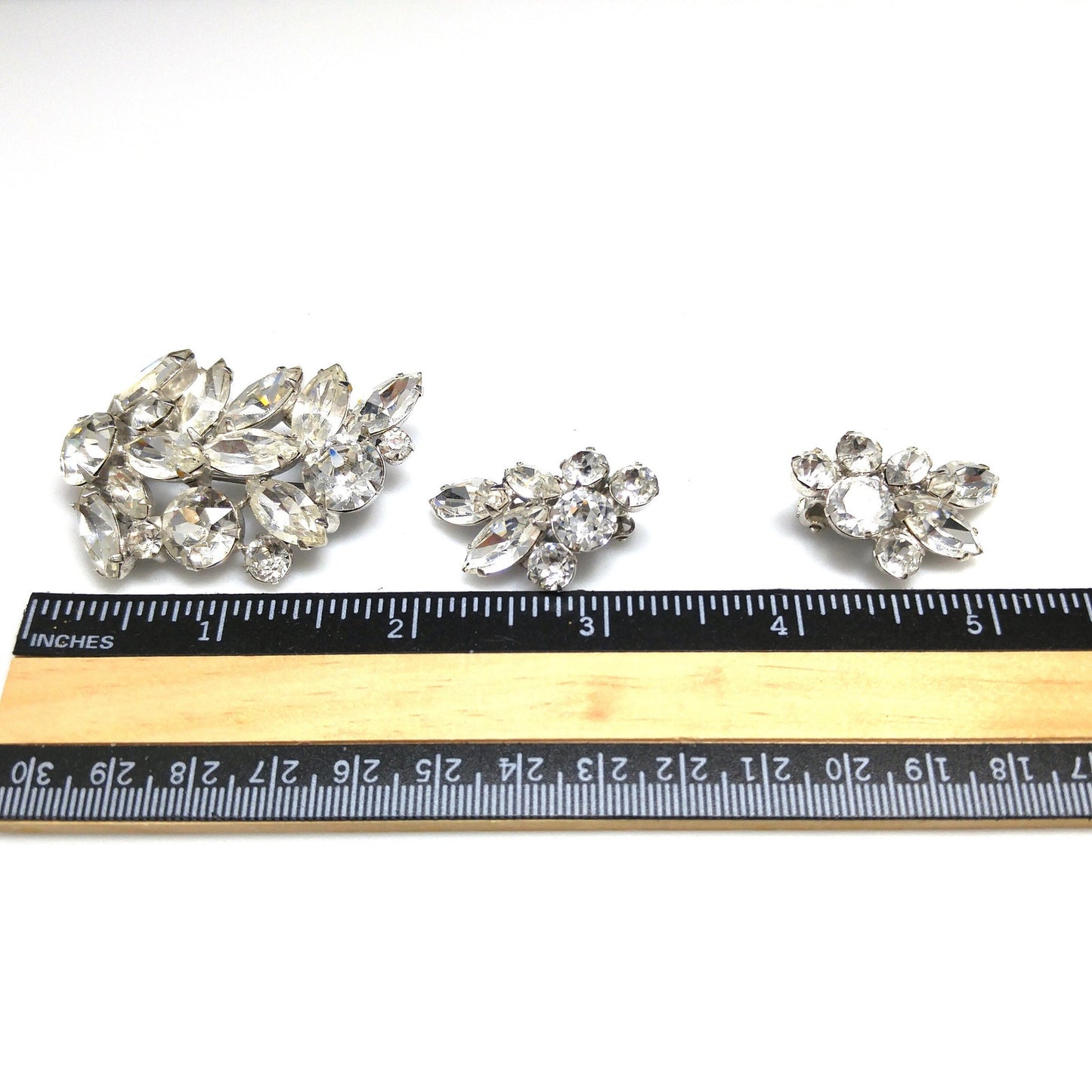 Regency Clear Rhinestone Brooch & Earrings, Rhodium Plated, 1950s Vintage Jewelry