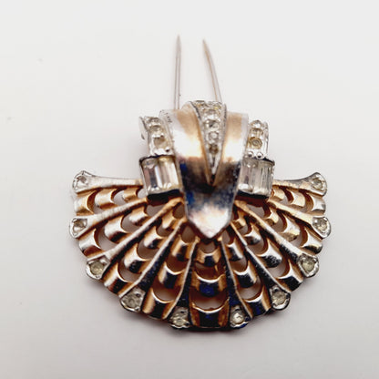 Vintage Marcel Boucher Numbered Fur Clip – Art Deco Fan Design with Rhinestones, Gold & Rhodium Plated Collectible Jewelry