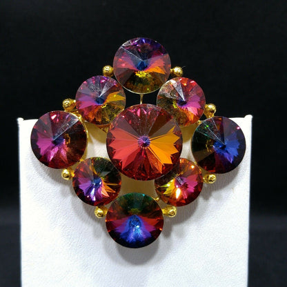 Vintage Unsigned Weiss Pink Rivoli Rhinestone Brooch, Red Blue Magenta Green Pin