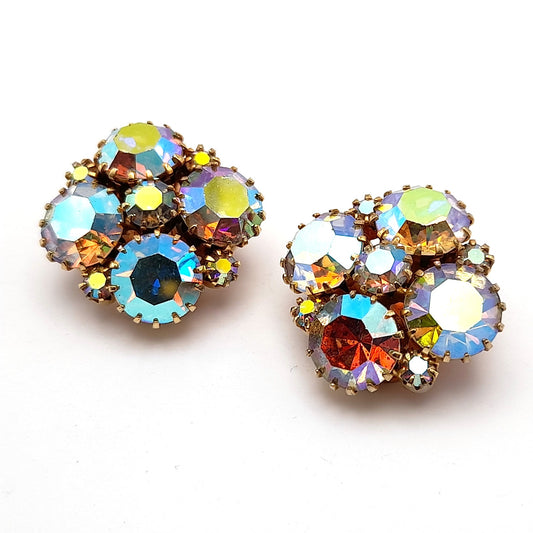 Vintage Aurora Borealis Rhinestone Clip On Earrings 1960s
