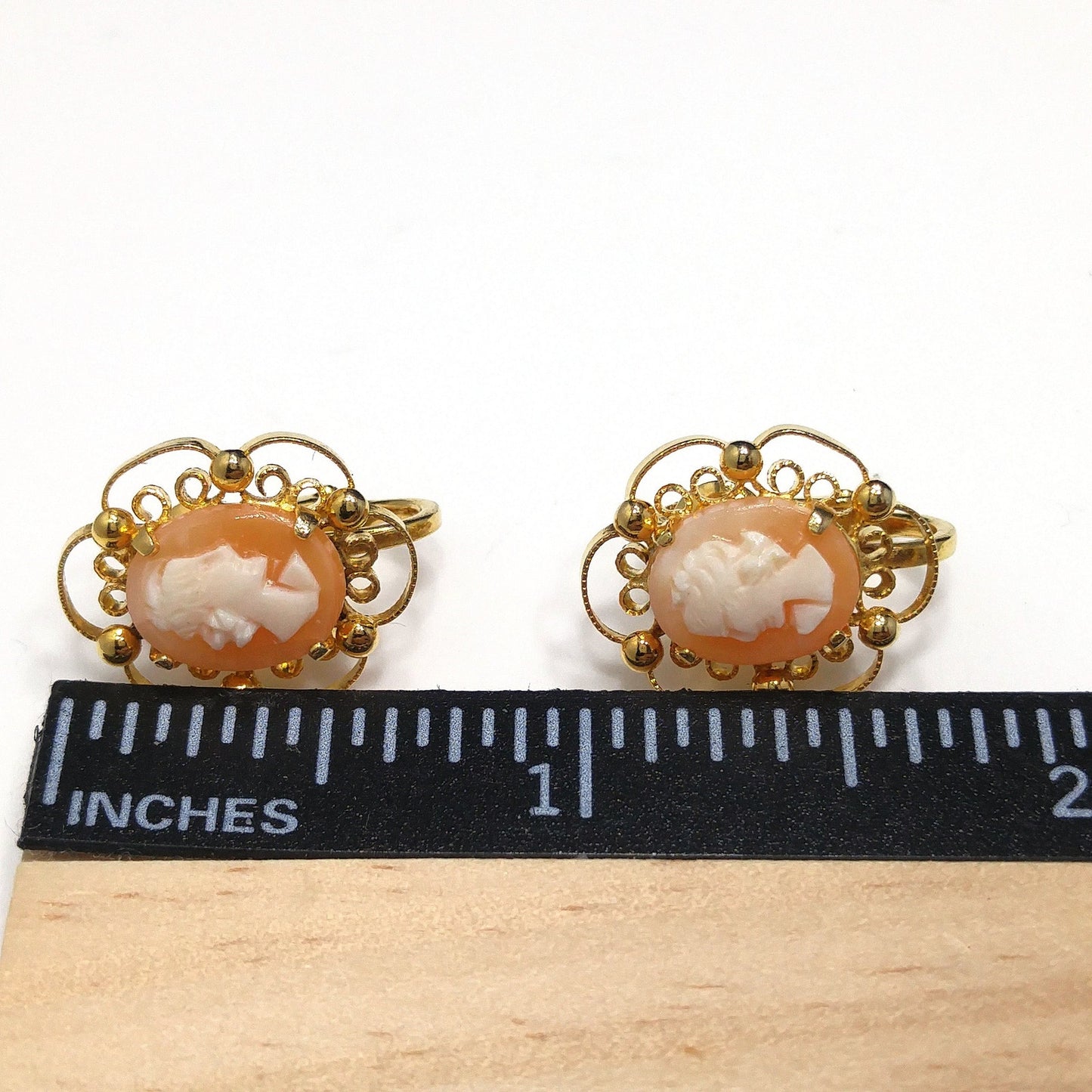 Sorrento Shell Cameo Clip Earrings, 12K Gold Filled, 1950s Vintage Jewelry