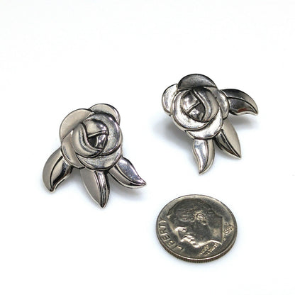 Vintage Laurel Burch Deco Rose Earrings, Rhodium Plated, Black Enamel, 1980s