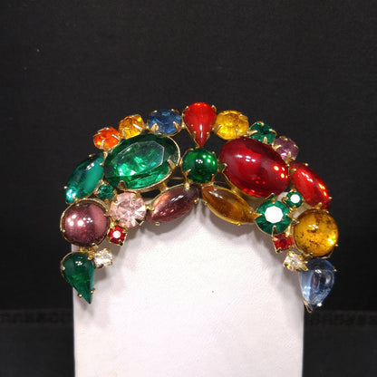 Weiss Crescent Moon Fruit Salad Brooch – Multicolor Cabochon Rhinestone 1950s