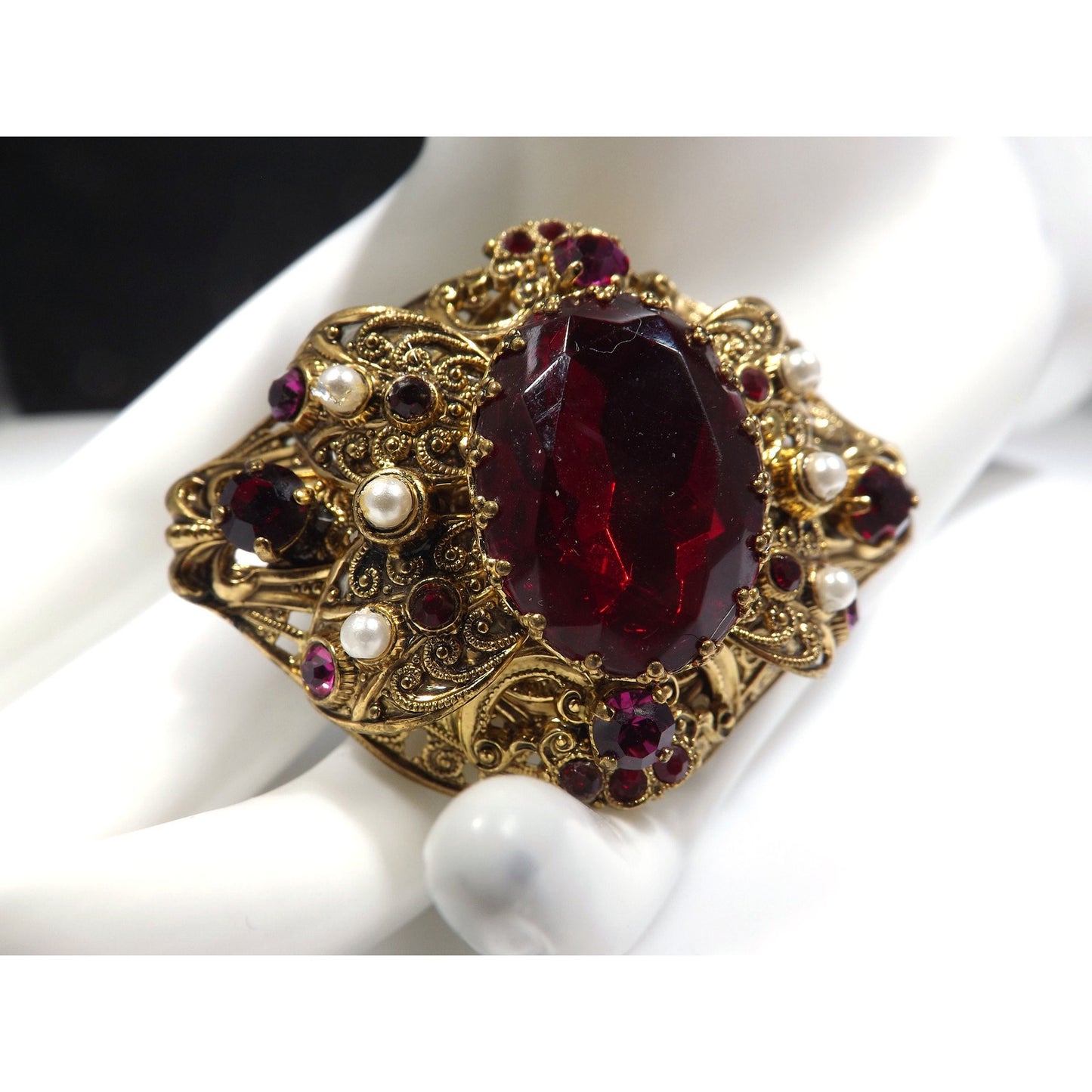 Made Germany Large Red Rhinestone Filigree Brooch, Faux Pearls, 1940s Vintage Jewelry