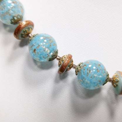 Kramer Turquoise Gold Beaded Necklace & Earrings Set, Gold Glitter Murano Glass