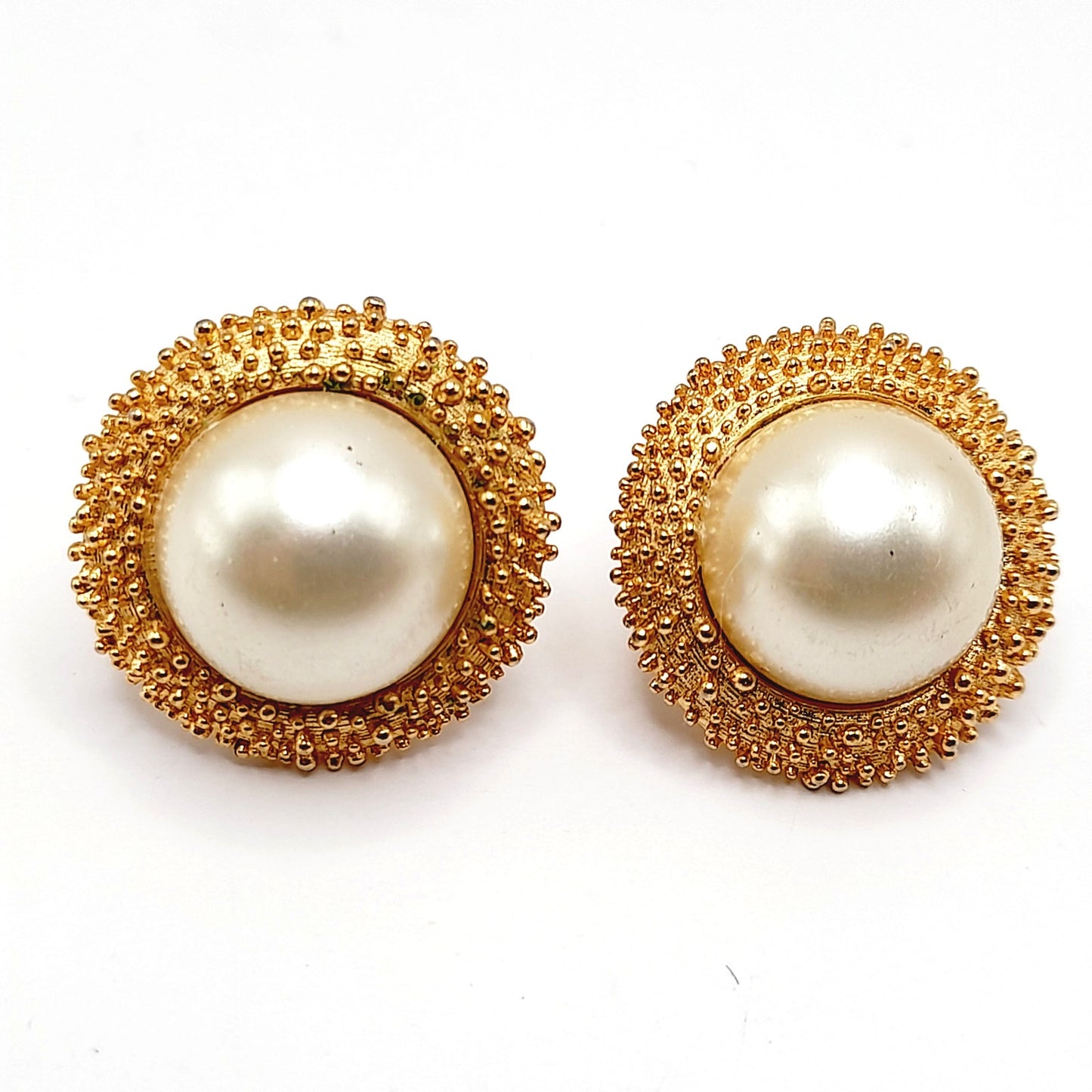 Vintage Crown Trifari Gold Clip Earrings, Brutalist Beaded Design w/ Faux Pearl