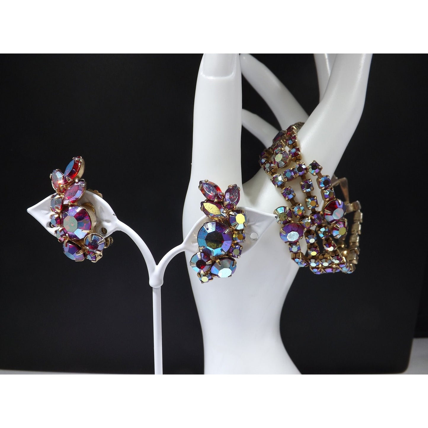 Red Aurora Borealis Bracelet Clip Earrings Set, 1960s Vintage Jewelry