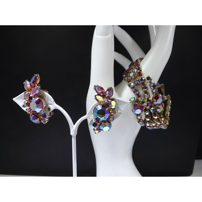 Red Aurora Borealis Bracelet Clip Earrings Set, 1960s Vintage Jewelry