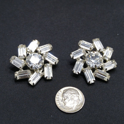 Vintage 1950s Weiss Clear Rhinestone Clip Earrings Baguette Floral Wedding