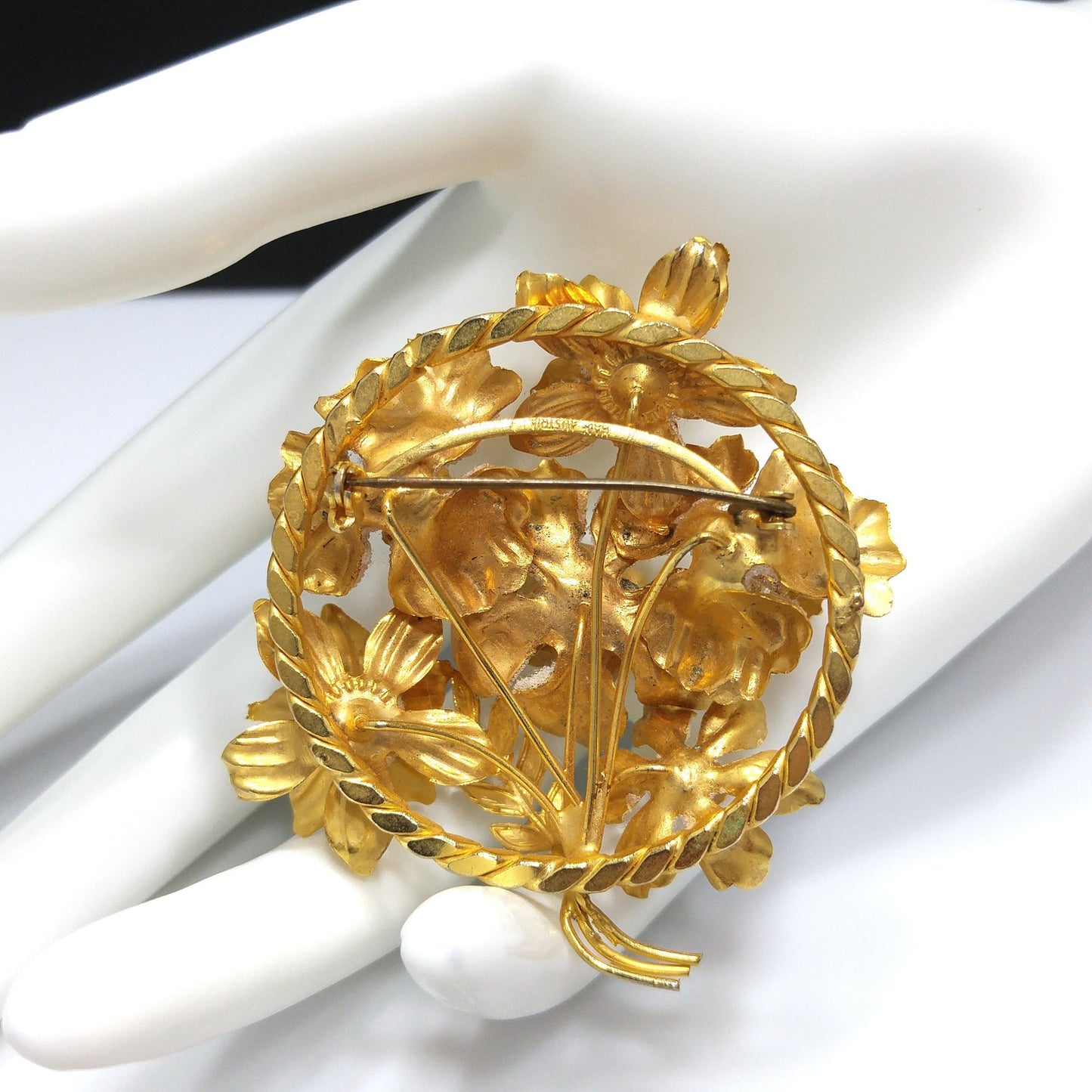 Austria Floral Brooch, Aurora Borealis Rhinestones, Gold Plated Flowers, 1960s Vintage Jewelry