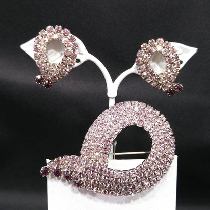 Purple Lavender Rhinestone Brooch & Earrings Set, Mid Century Modern, Rhodium Plated, 1960s Vintage Jewelry