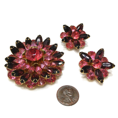 Vintage Celebrity Pink Purple Brooch & Earrings, 22K Gold Plated, 1940s