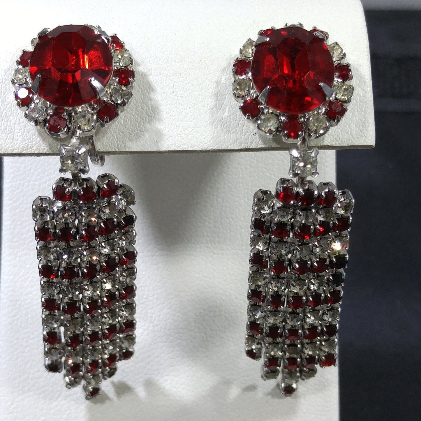 Red & Clear Long Rhinestone Earrings, Dangle , 1960s Vintage Jewelry