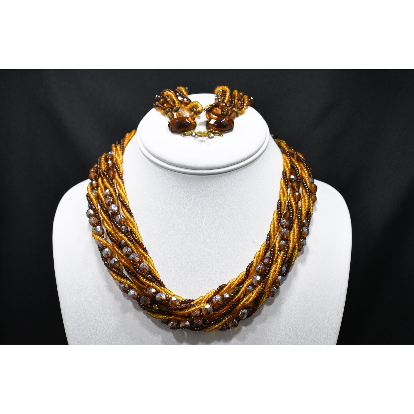 Vintage Czech Beaded Necklace & Bracelet Set, Topaz Fire Polished Beads, 1950s