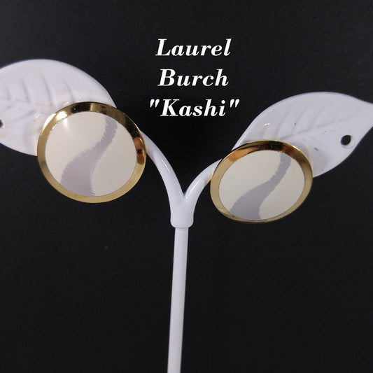 Laurel Burch "Kashi" Post Earrings, Cream & Gray Enamel, Gold Plated, 1980s