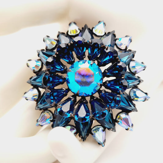 Vintage Regency Blue Aurora Borealis Floral Brooch