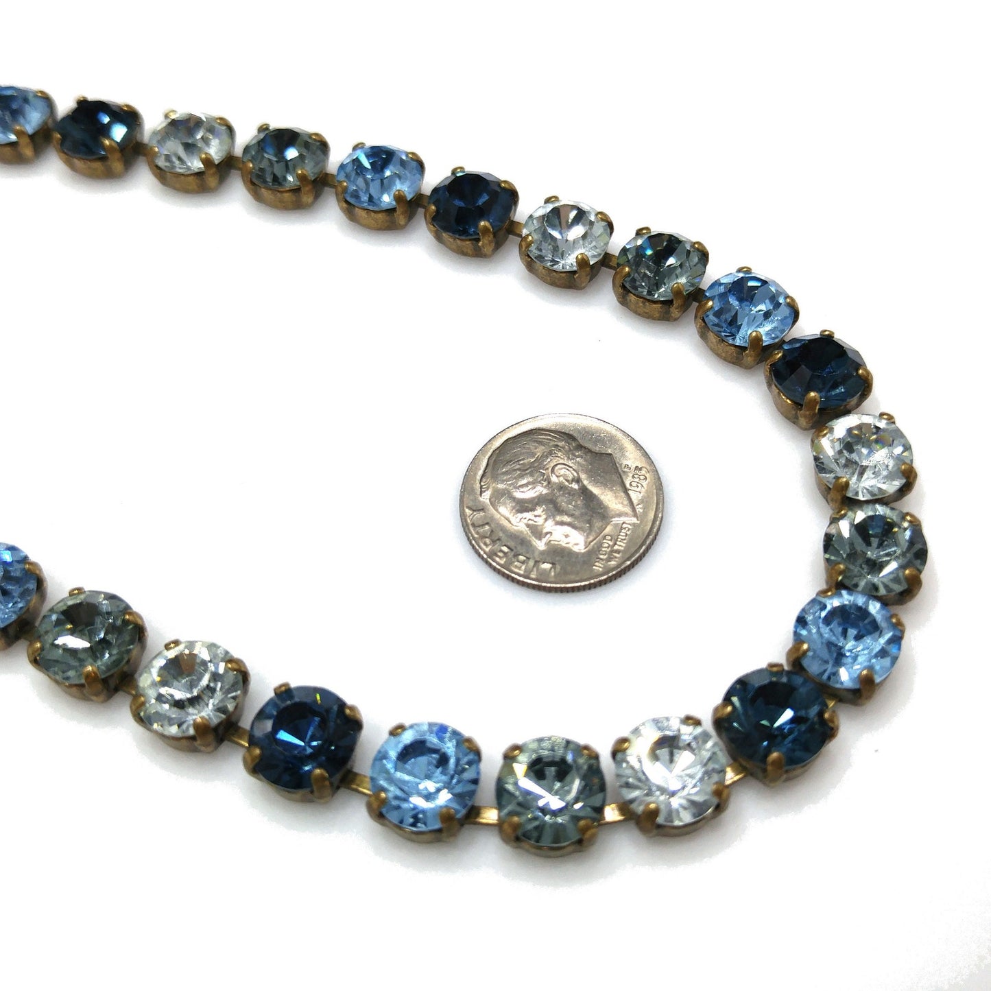 Vintage 1990s Germany Blue Crystal Rhinestone Necklace Gold Tone Choker