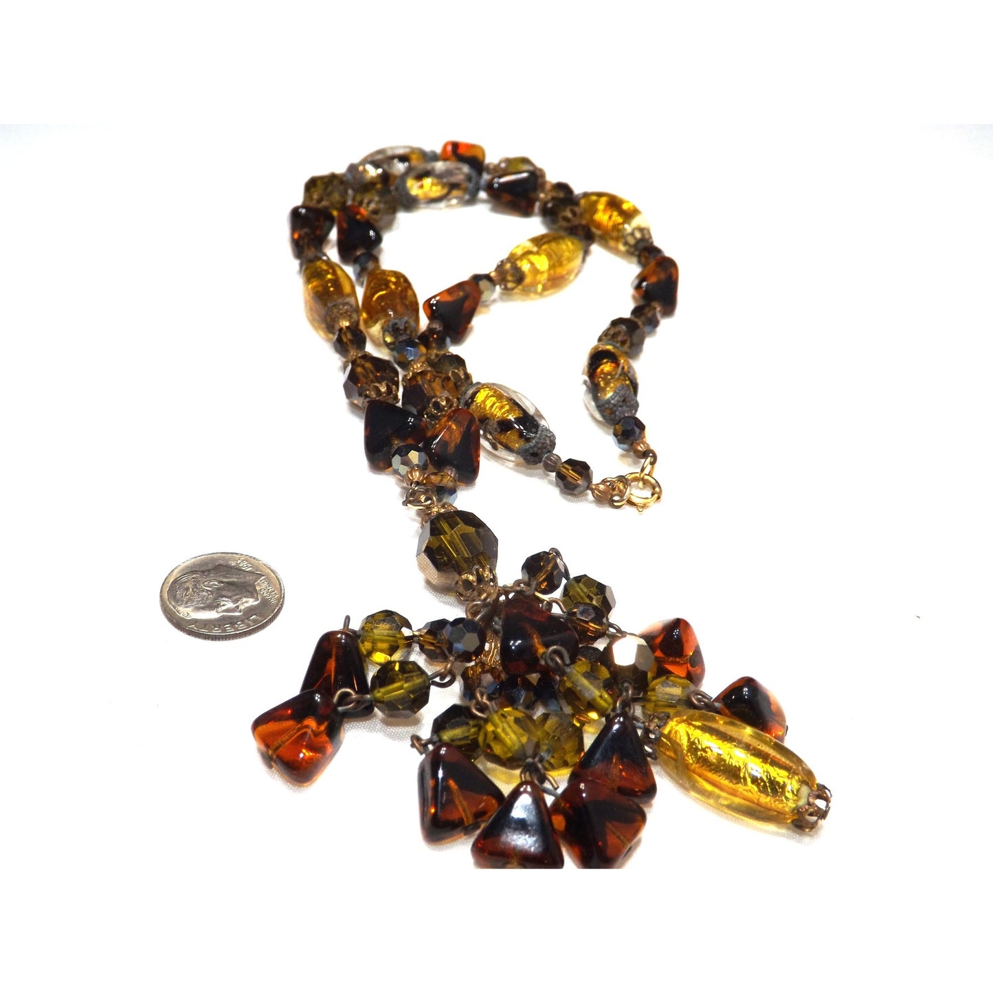 Gold Foil Art Glass Autumn Beaded Necklace, Multi-strand Tassel, 1970s Vintage Jewelry