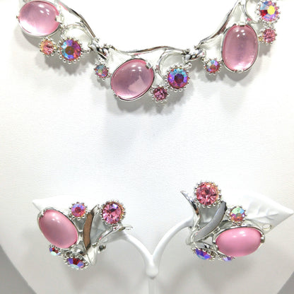 Selro Pink Lucite Necklace & Earrings, Aurora Borealis Pink Rhinestones, 1960s Vintage Jewelry