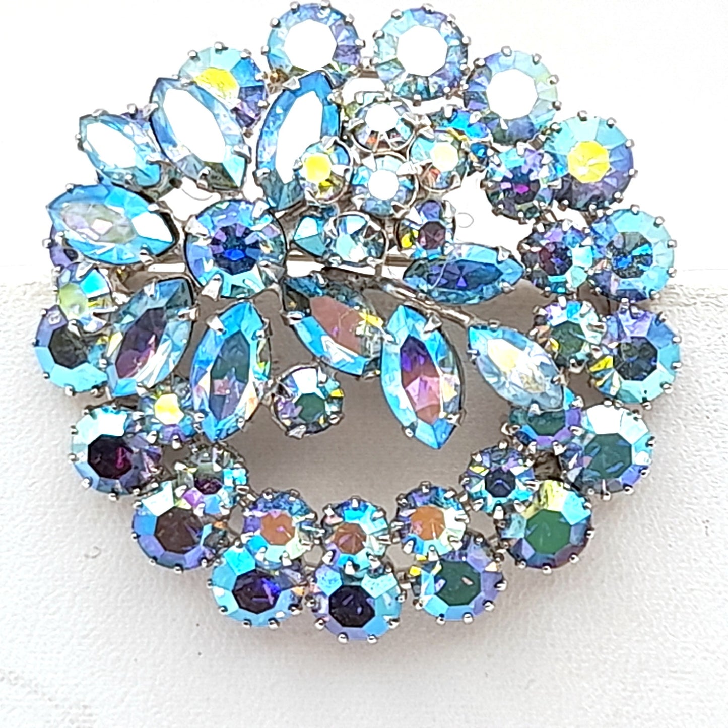 Vintage Sherman Blue Aurora Borealis Rhinestone Brooch