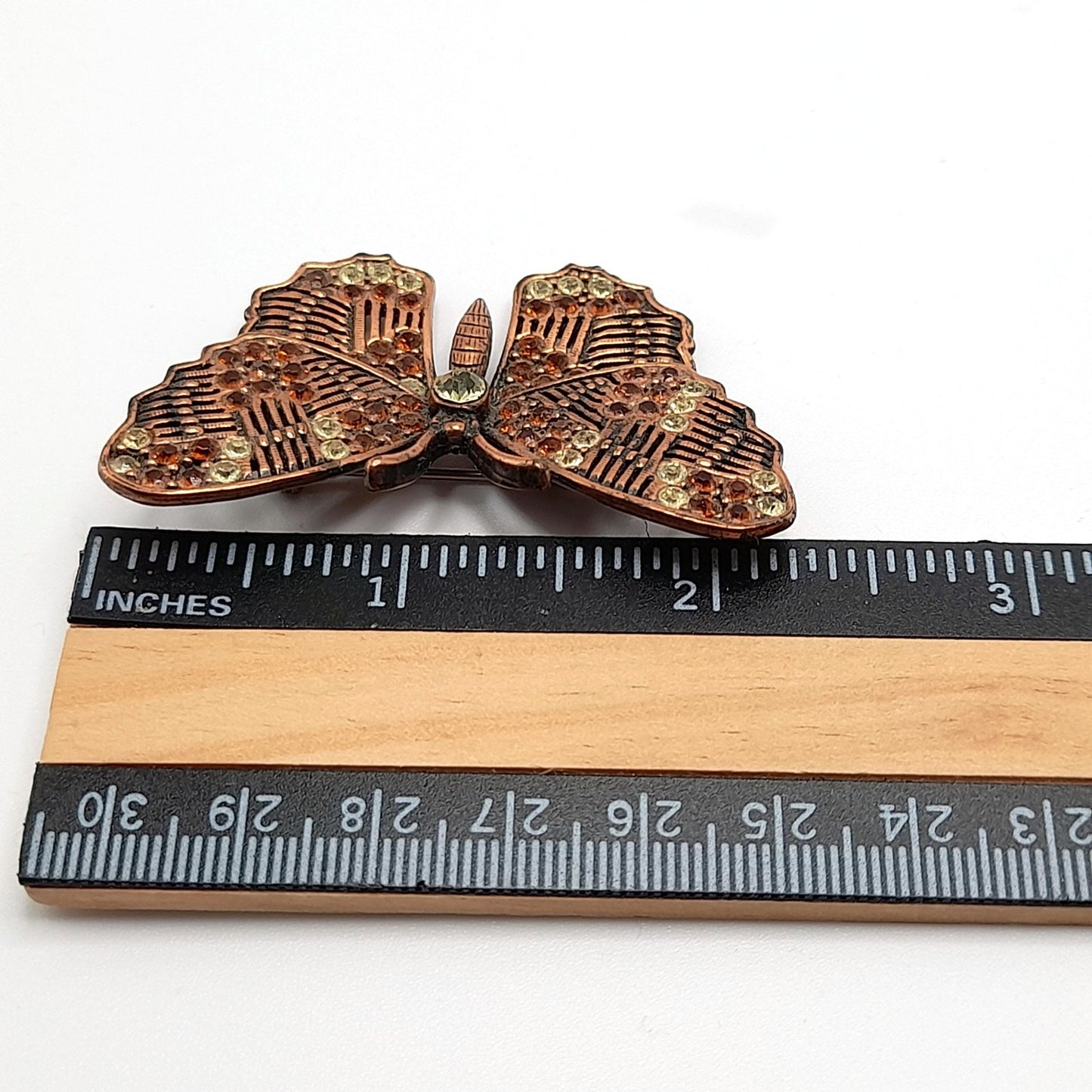 Vintage Weiss Butterfly Brooch, Copper Plated, Clear Orange Rhinestones, 1960s