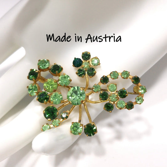 Vintage 1950s Austrian Green Rhinestone & Uranium Glass Brooch – Floral Design