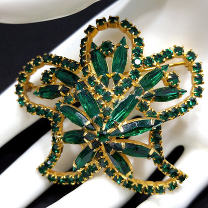 Green Rhinestone Floral Brooch, Gold Plated, 1960s Vintage Jewelry