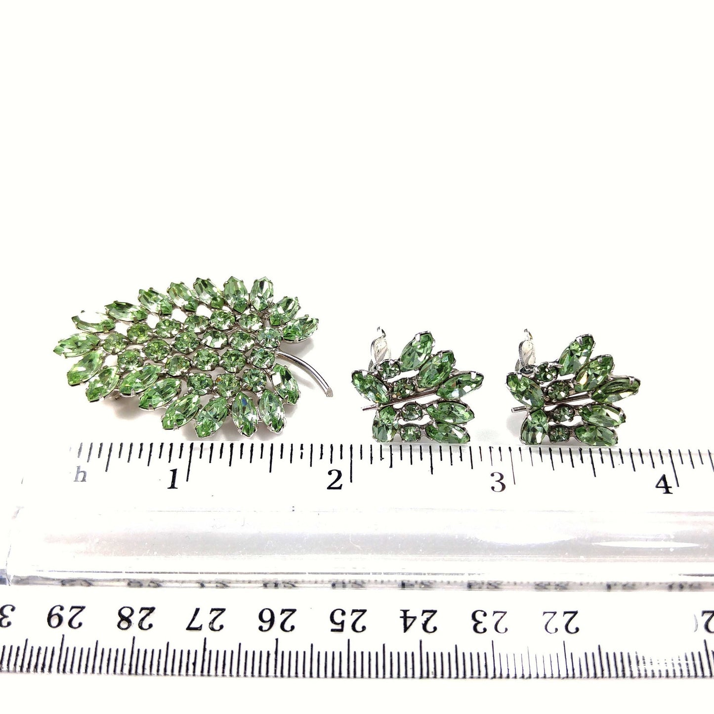 B. David Peridot Rhinestone Brooch & Earrings, Silver Tone, 1950 Vintage Jewelry