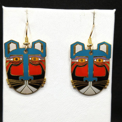 Laurel Burch "Miikio" Earrings, Gold Plated Enamel Large Cat Faces, 1980s Vintage Jewelry