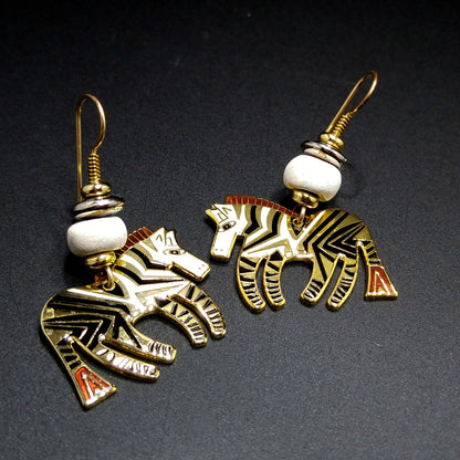 Laurel Burch "Wild Zebra" Earrings, Black White Enamel, Gold Plated, 1980s Vintage Jewelry