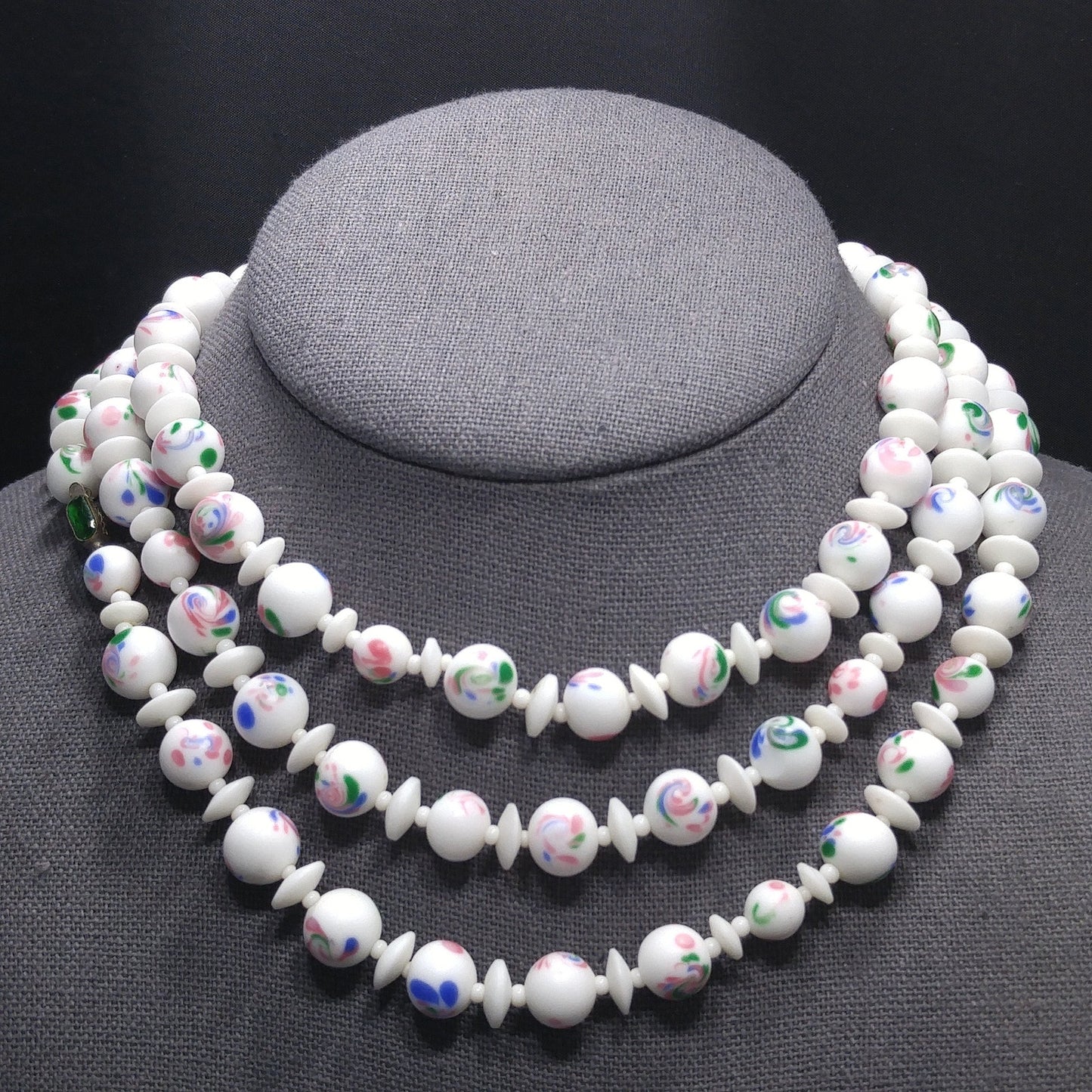 Czech Hand Painted Floral Ceramic Beaded Necklace, 48 Inches, 1930s Vintage Jewelry