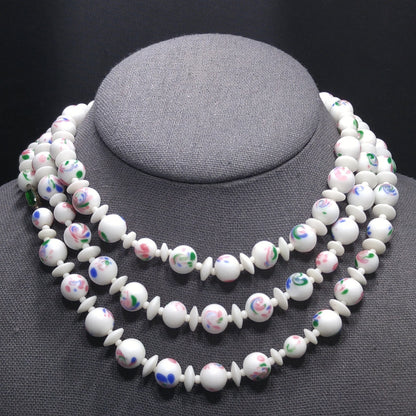 Czech Hand Painted Floral Ceramic Beaded Necklace, 48 Inches, 1930s Vintage Jewelry