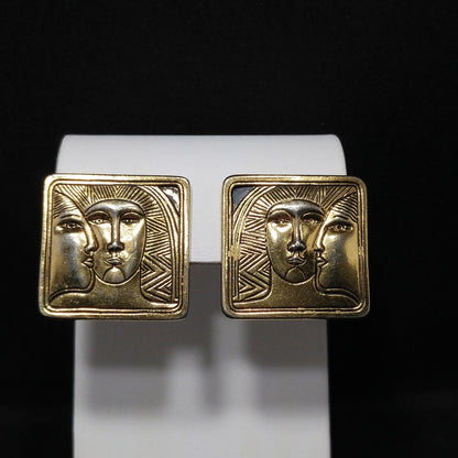Laurel Burch Ancient Ancestors Post Earrings, Gold Plated, 1980s Vintage Jewelry