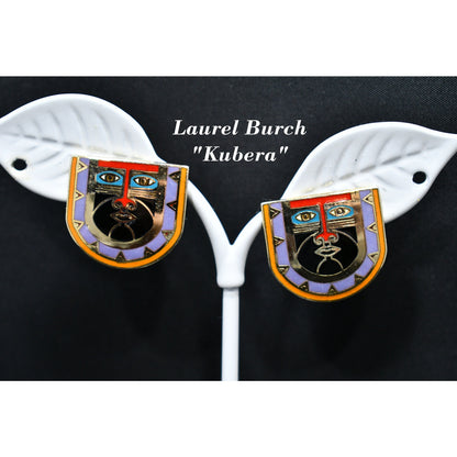 Laurel Burch "Kubera" Mask Tribal Post Earrings, Cloisonne Enamel, 1980s