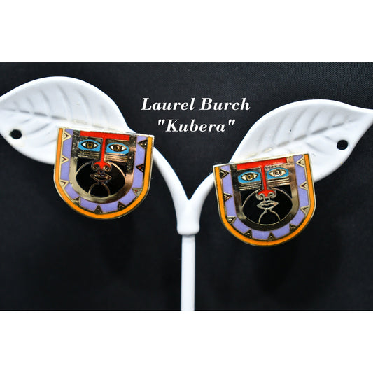 Laurel Burch "Kubera" Mask Tribal Post Earrings, Cloisonne Enamel, 1980s