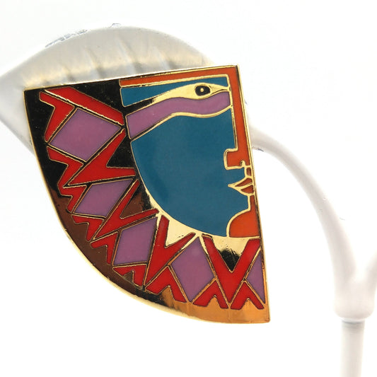 Laurel Burch "Sunface" Clip Earrings, Gold Plated Cloisonne Enamel, 1980s Vintage Jewelry