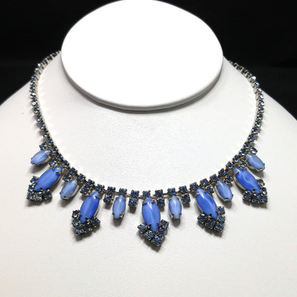 Blue Art Glass Rhinestone Necklace, Rhodium Plated, 1960s Vintage Jewelry